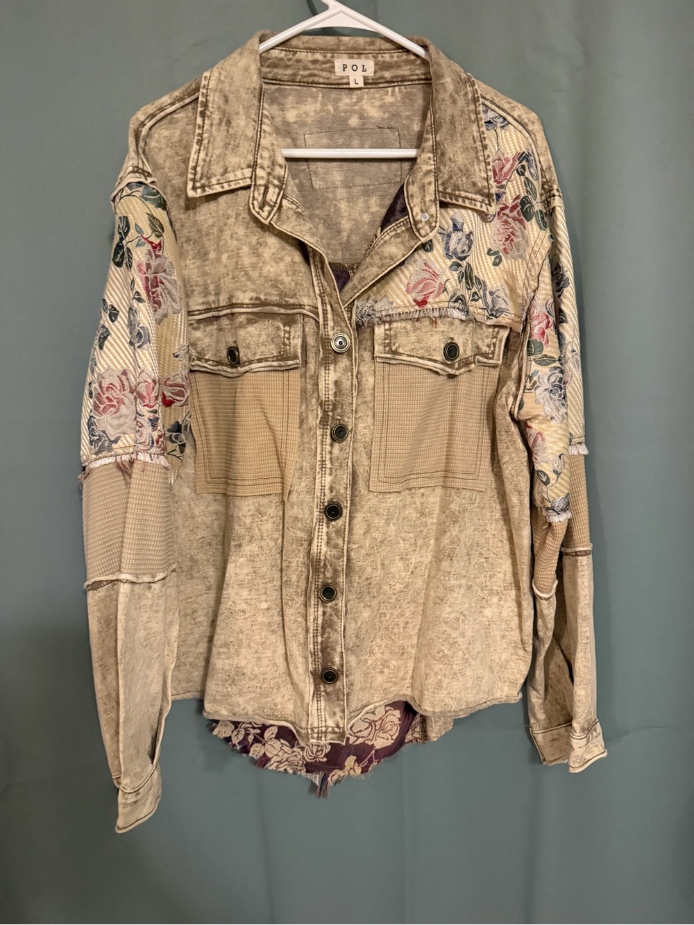 POL Beige Patchwork Jean Jacket with Floral Sleeves